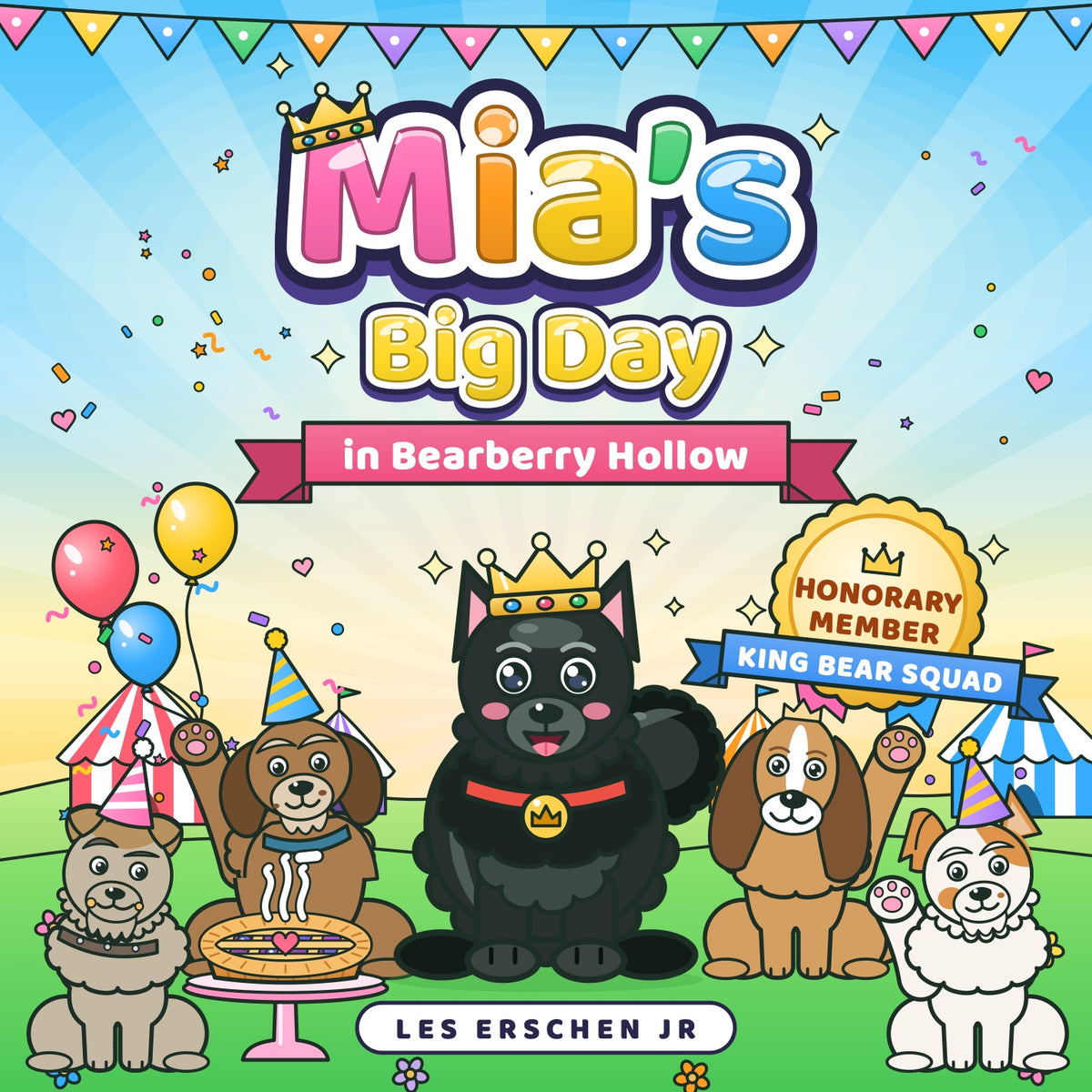 Mia's Big Day in Bearberry Hollow, a sample personalized storybook cover with Little Bear and the King Bear Squad