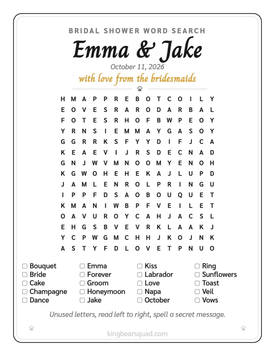 Sample custom word search: Emma and Jake bridal shower