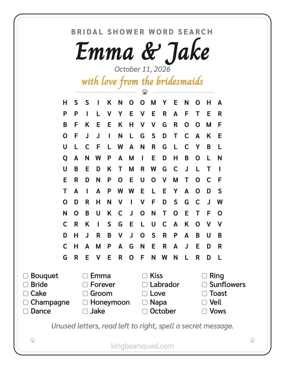 Custom word search puzzle made with a family's names
