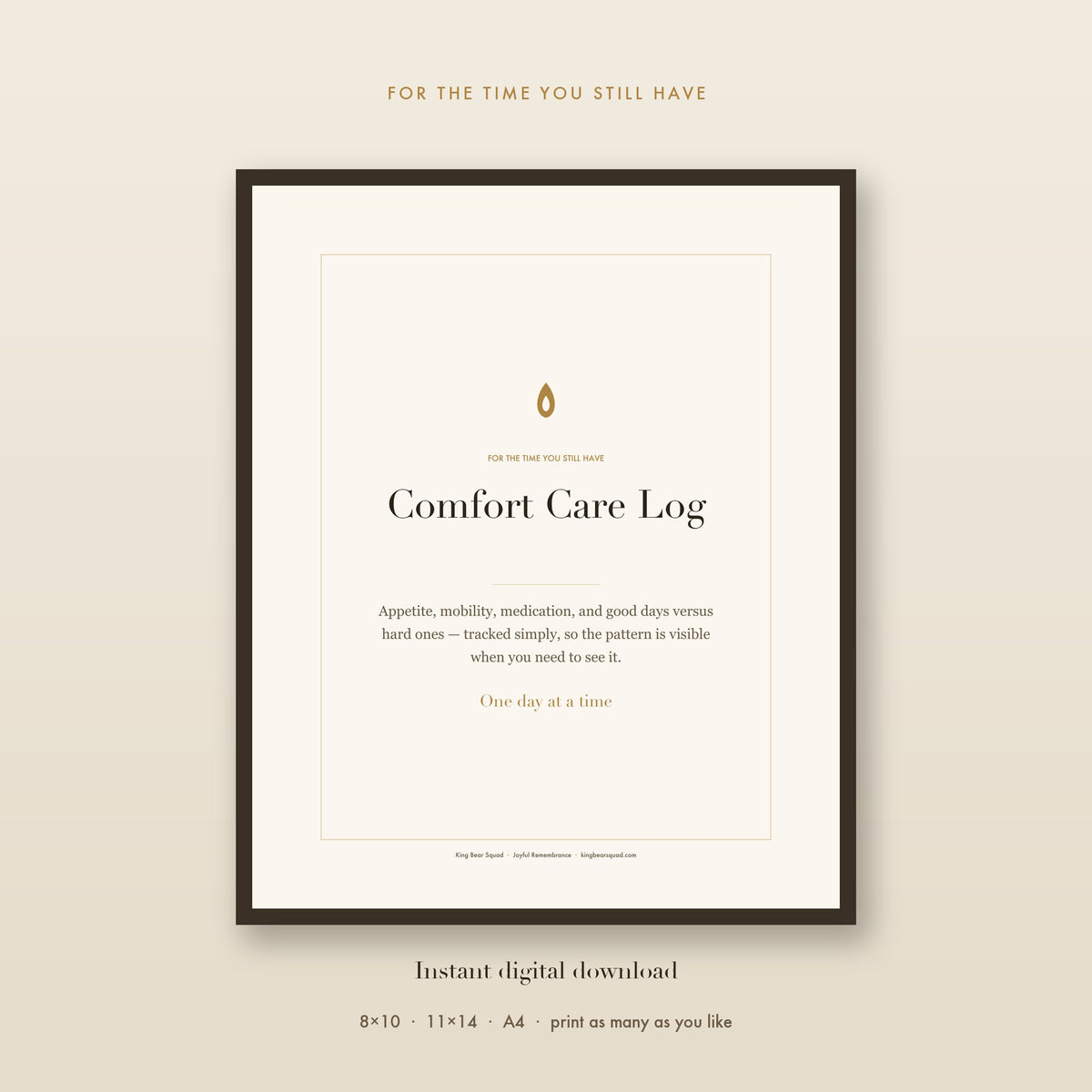 Comfort Care Log senior pet tracker, framed print
