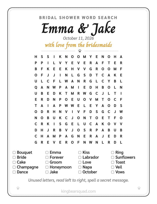 Sample personalized word search puzzle made with a family's names