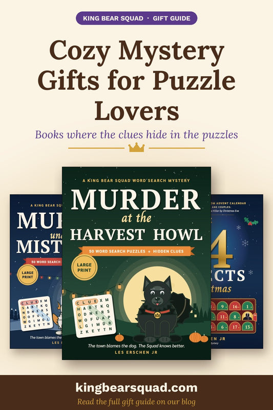 Cozy mystery gifts for puzzle lovers: King Bear Squad word search mysteries and The 24 Suspects of Christmas