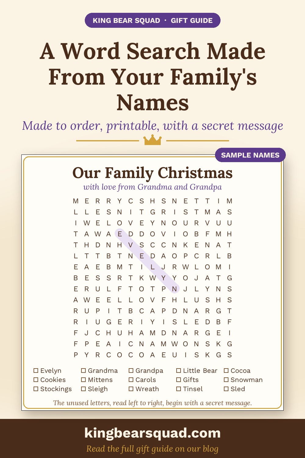 Sample personalized Christmas word search with family names, including Evelyn and Little Bear, and a secret message