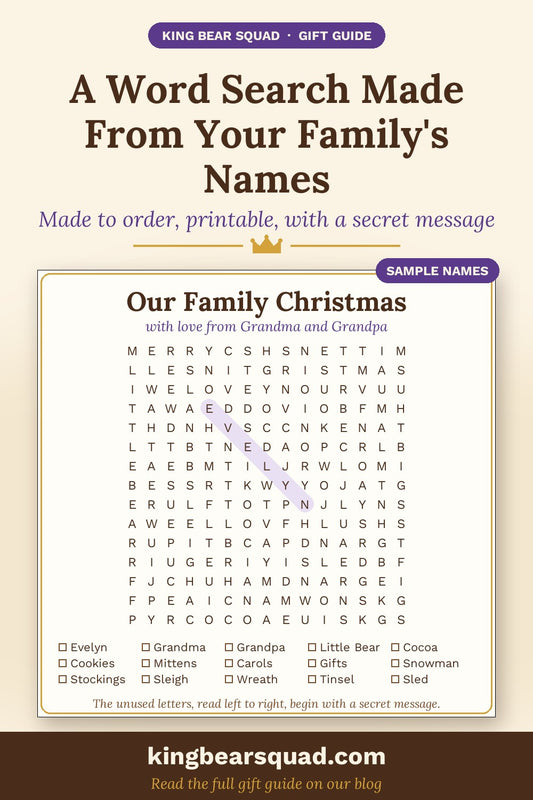 Sample personalized Christmas word search with family names, including Evelyn and Little Bear, and a secret message