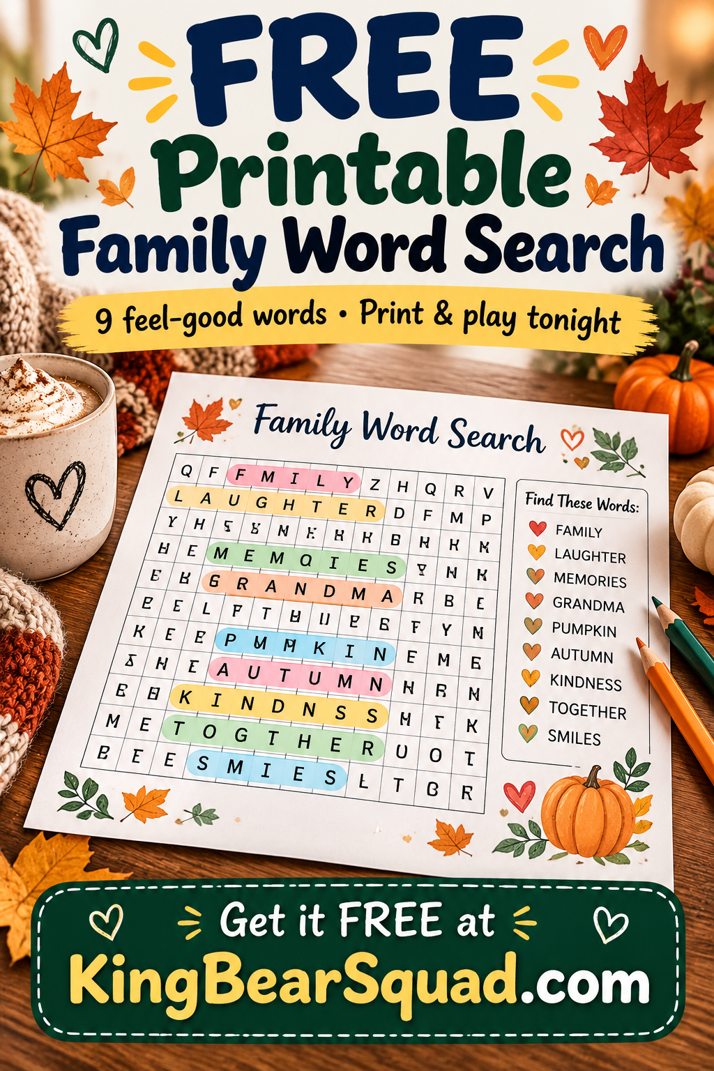 Illustrative free printable family word search promotional poster