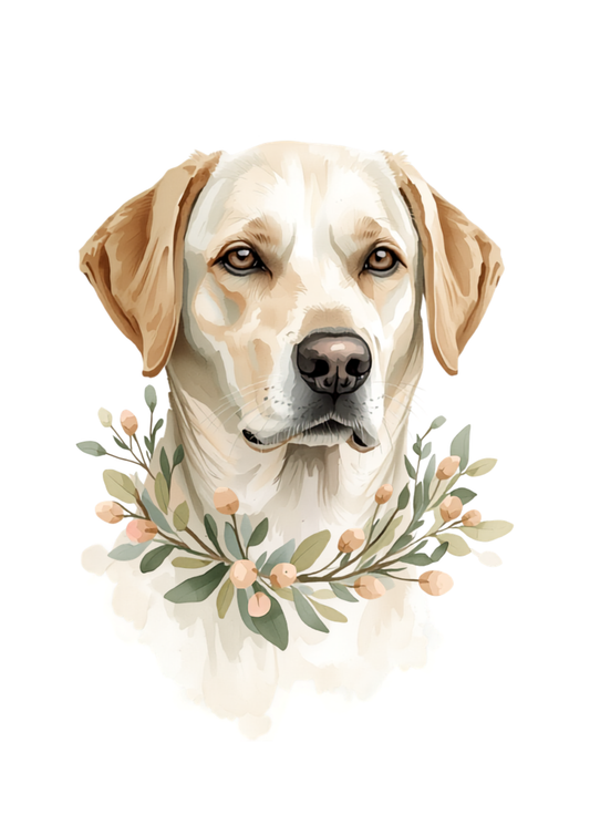 Sample artwork: soft watercolor dog portrait with a delicate botanical wreath on a light airy background. Illustrative style sample of the printable remembrance design.