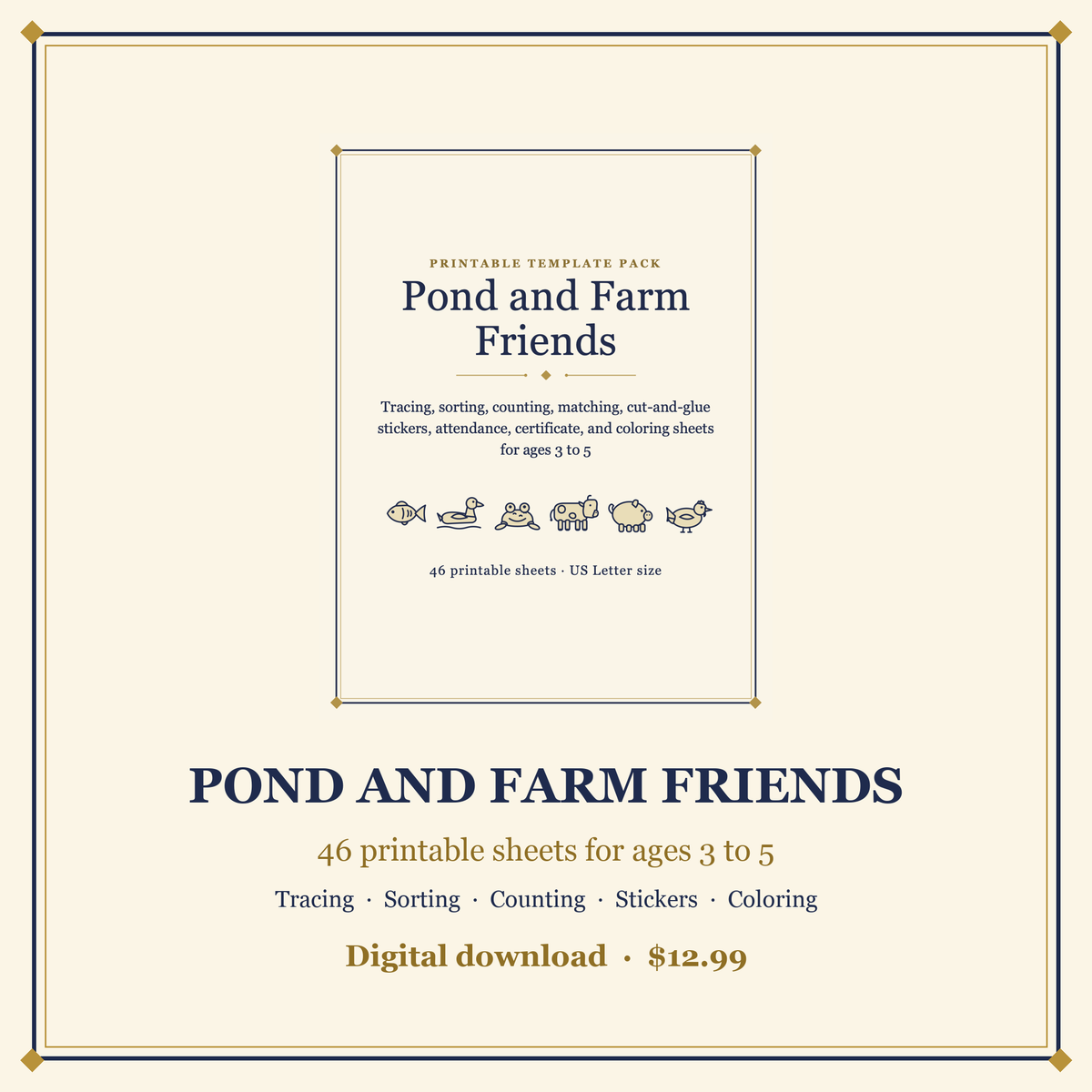 Pond and Farm Friends printable preschool pack cover, 46 sheets for ages 3 to 5