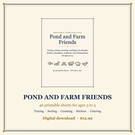 Pond and Farm Friends printable preschool pack cover, 46 sheets for ages 3 to 5