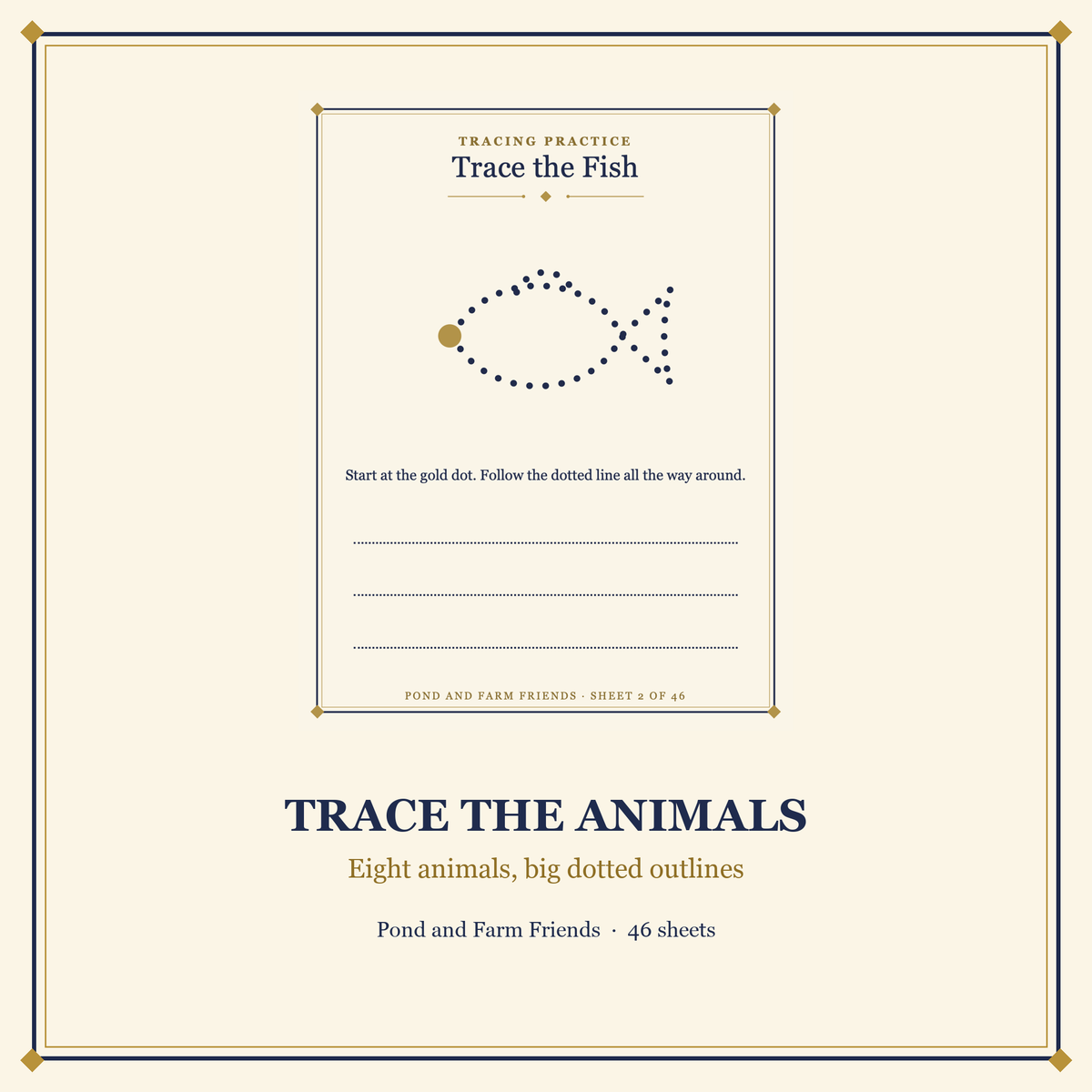 Trace the animals worksheet with a dotted fish outline for preschool tracing practice