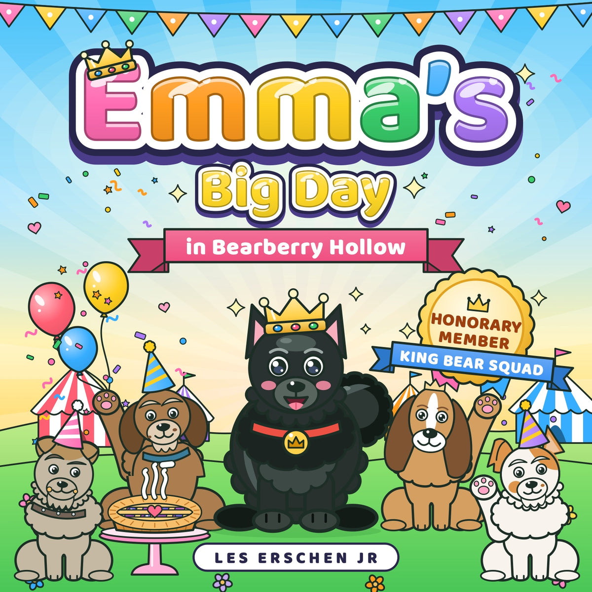 Emma's Big Day in Bearberry Hollow, a sample personalized storybook cover with Little Bear and the King Bear Squad
