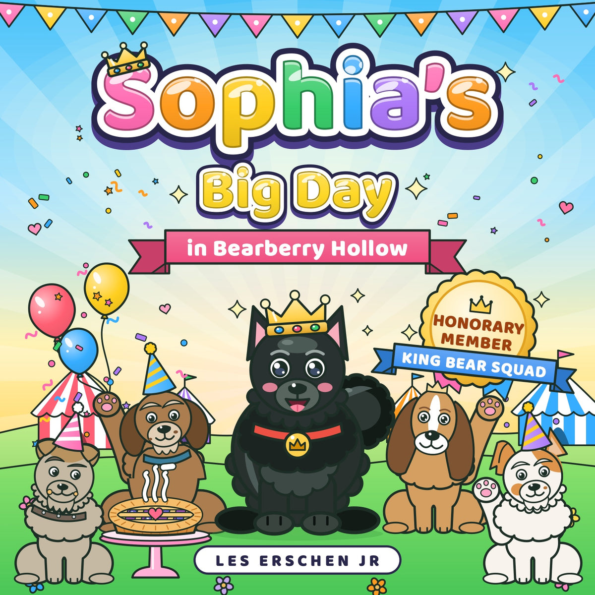 Sophia's Big Day in Bearberry Hollow, a sample personalized storybook cover with Little Bear and the King Bear Squad