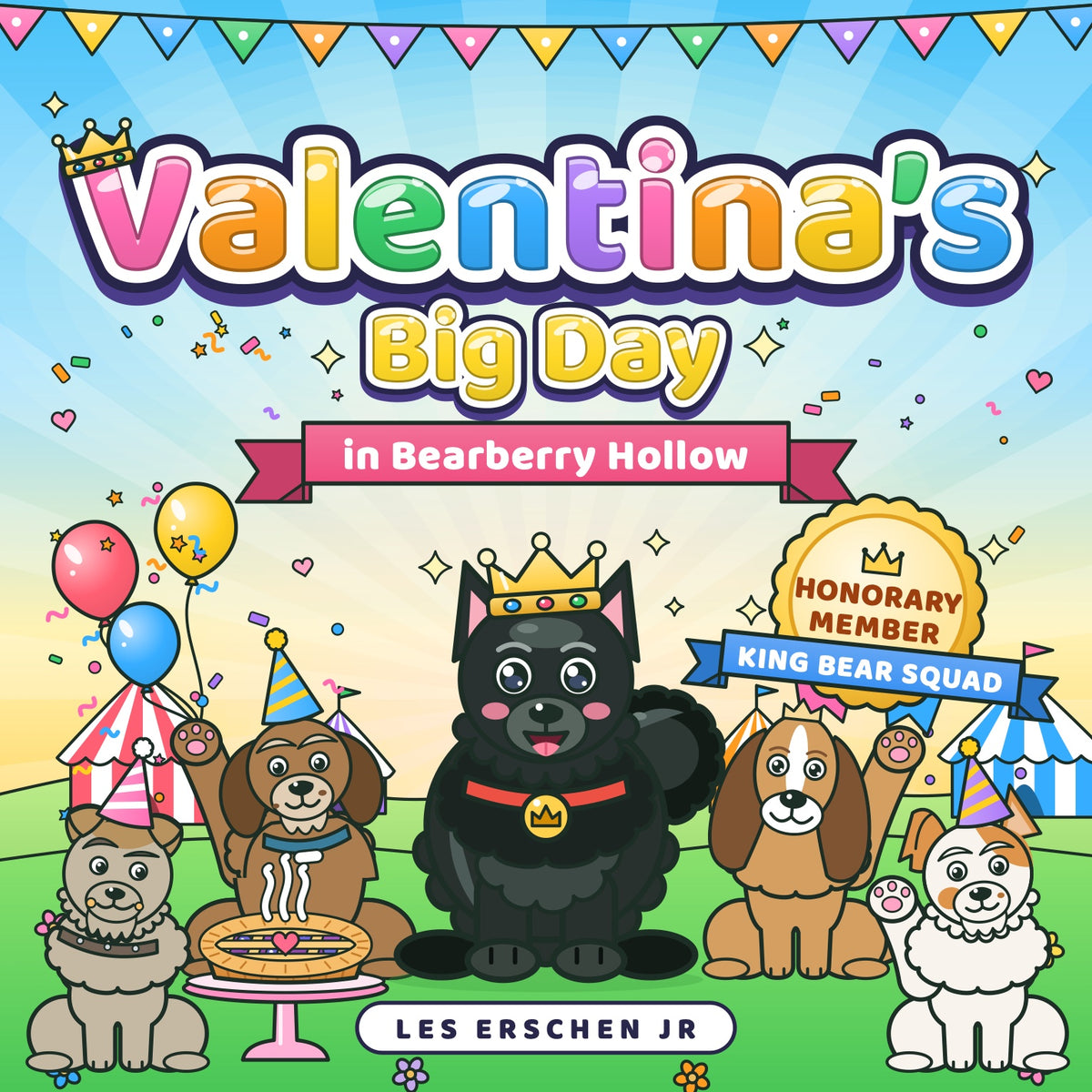 Valentina's Big Day in Bearberry Hollow, a sample personalized storybook cover with Little Bear and the King Bear Squad