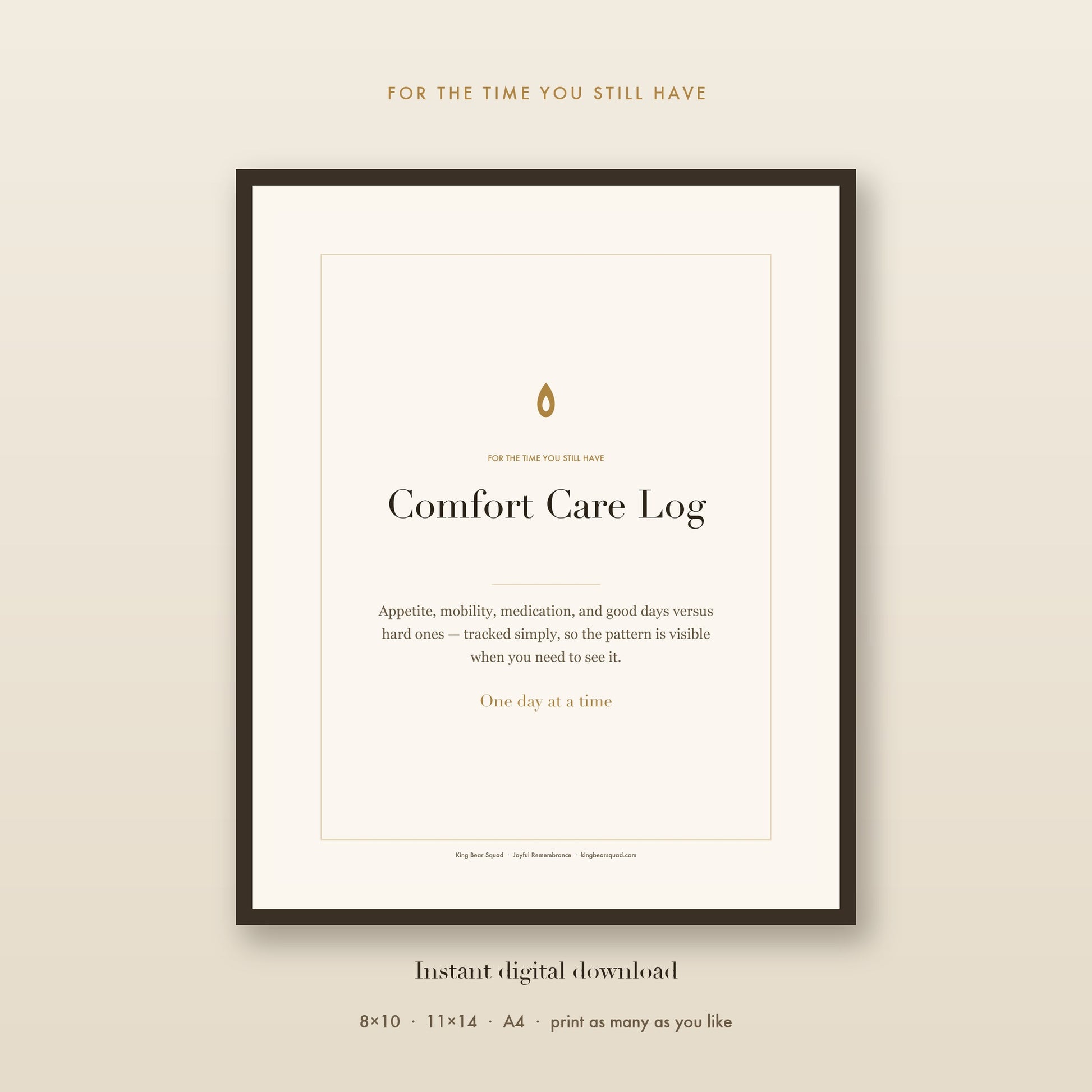 Comfort Care Log senior pet tracker, framed print