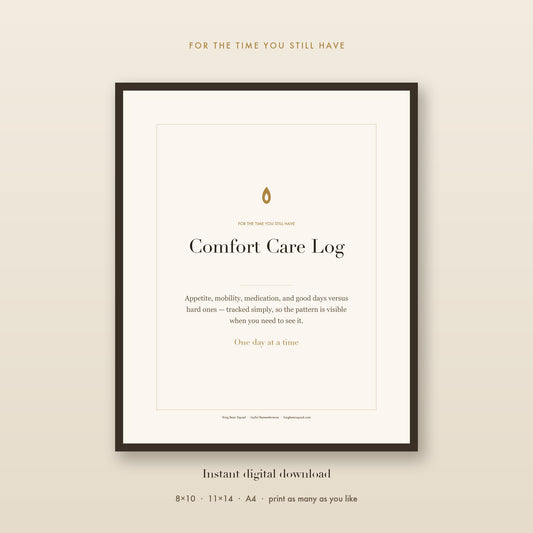 Comfort Care Log senior pet tracker, framed print