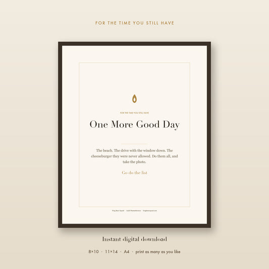One More Good Day pet bucket list print, framed