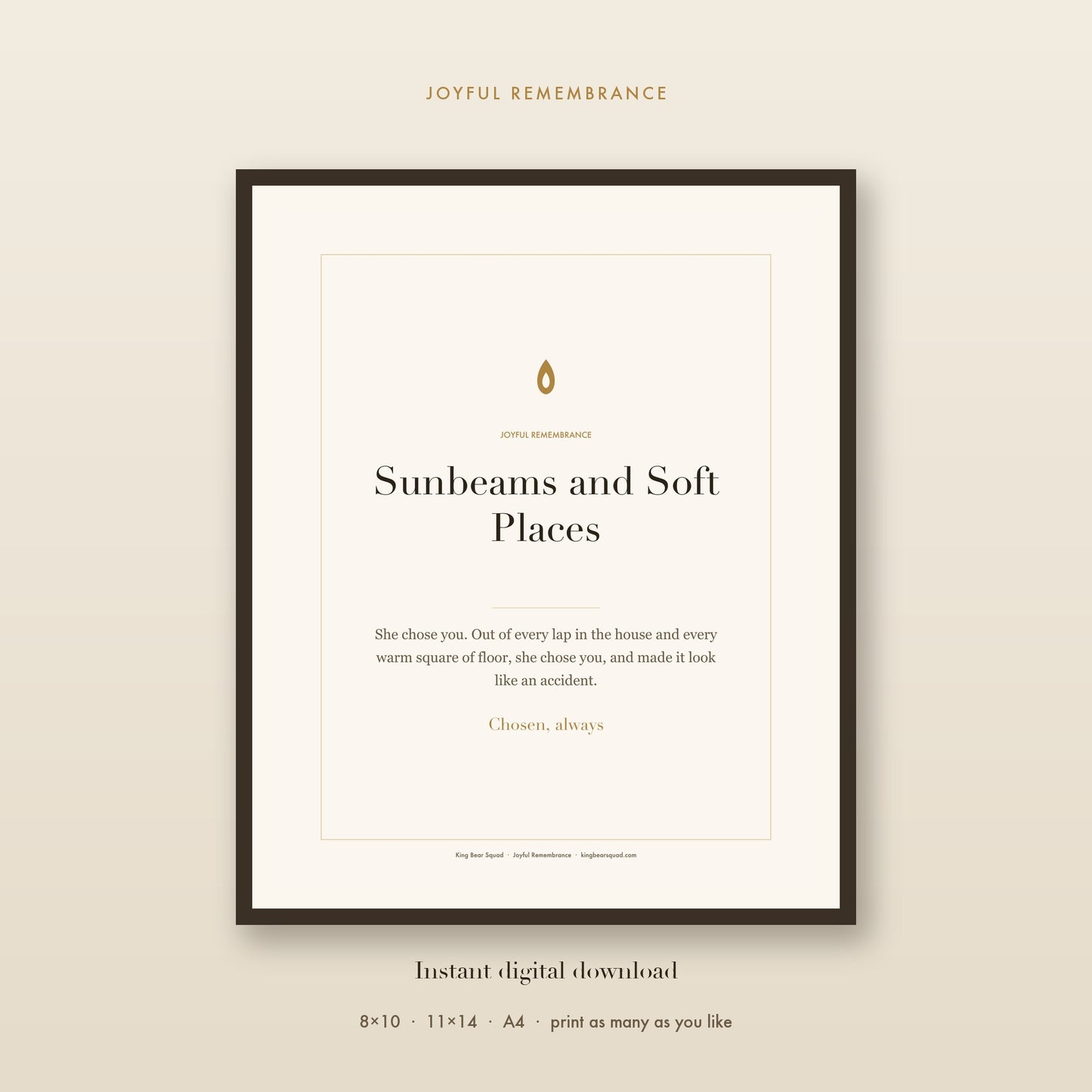 Sunbeams and Soft Places cat memorial print, framed