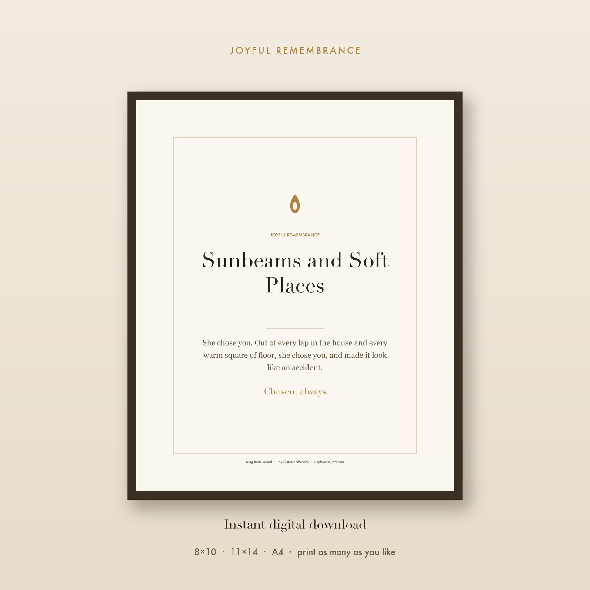 Sunbeams and Soft Places cat memorial print, framed