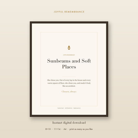 Sunbeams and Soft Places cat memorial print, framed